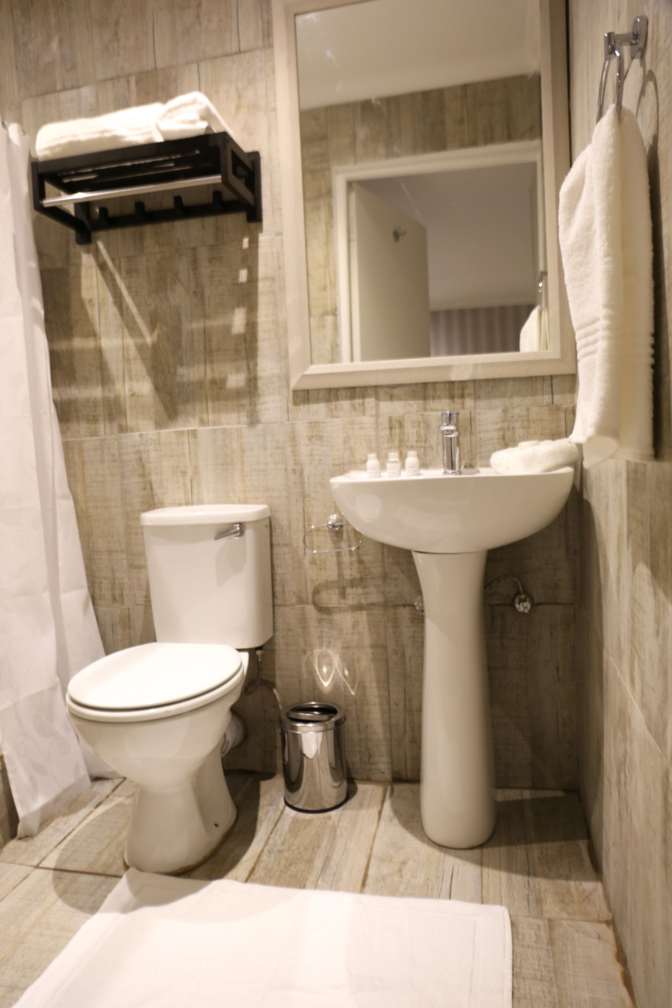 A bathroom with a toilet, sink, and towel rack.