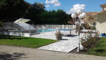 Seasonal outdoor pool, pool umbrellas, pool loungers