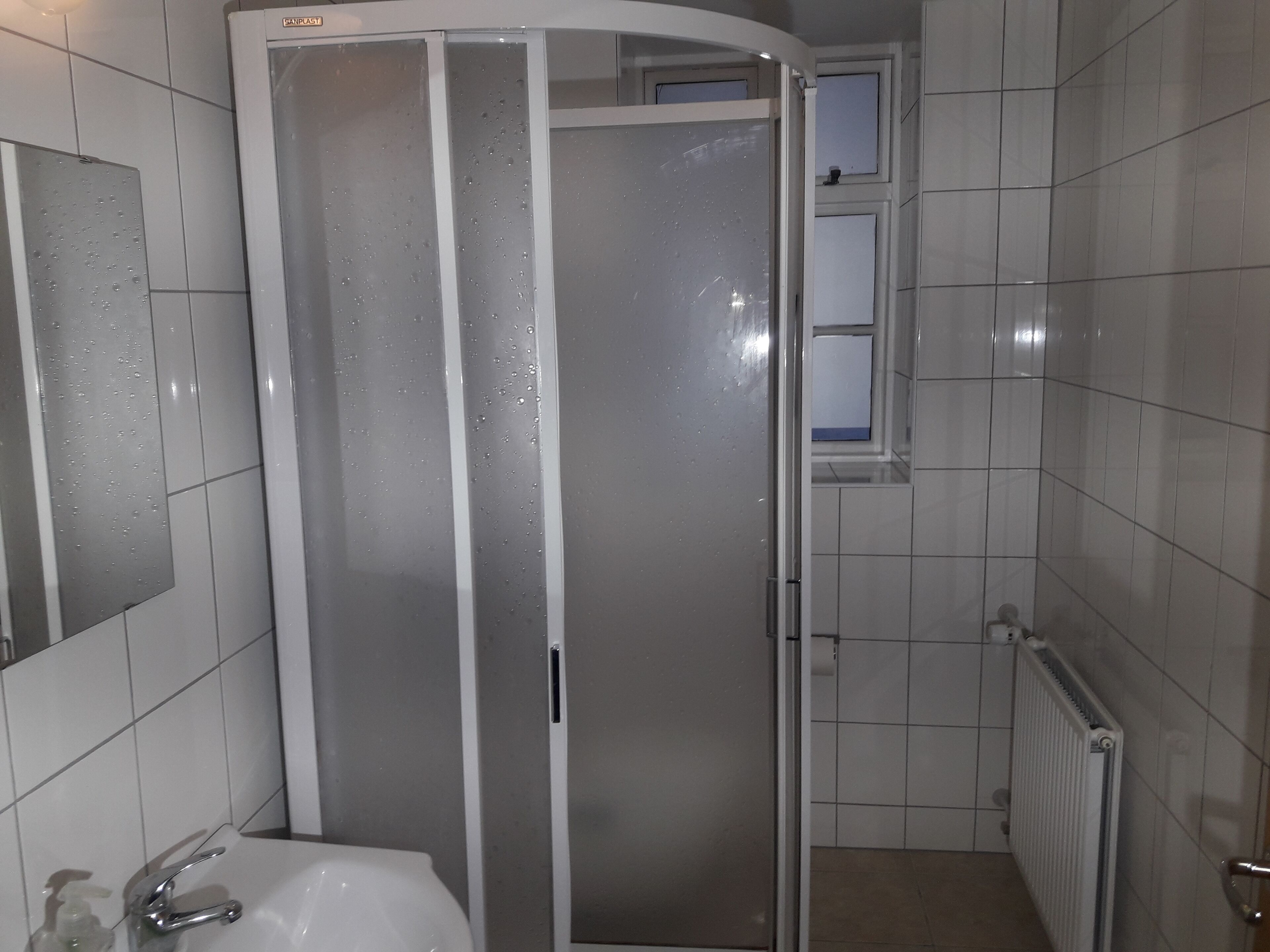 Ein Badezimmer mit Duschkabine, Waschbecken und Spiegel.