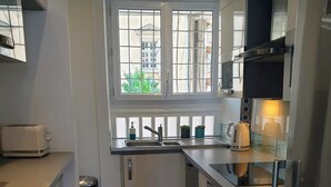 A modern kitchen with stainless steel appliances, a window with a view of buildings, and a trash bin.