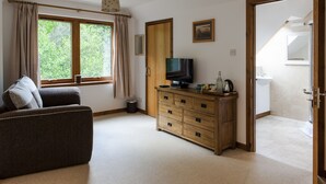 Una habitación con sofá, cómoda de madera con televisor, ventana con cortinas y puerta que da a un baño.