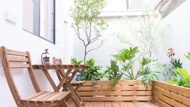 A wooden bench and table in a corner with a small tree and various plants.