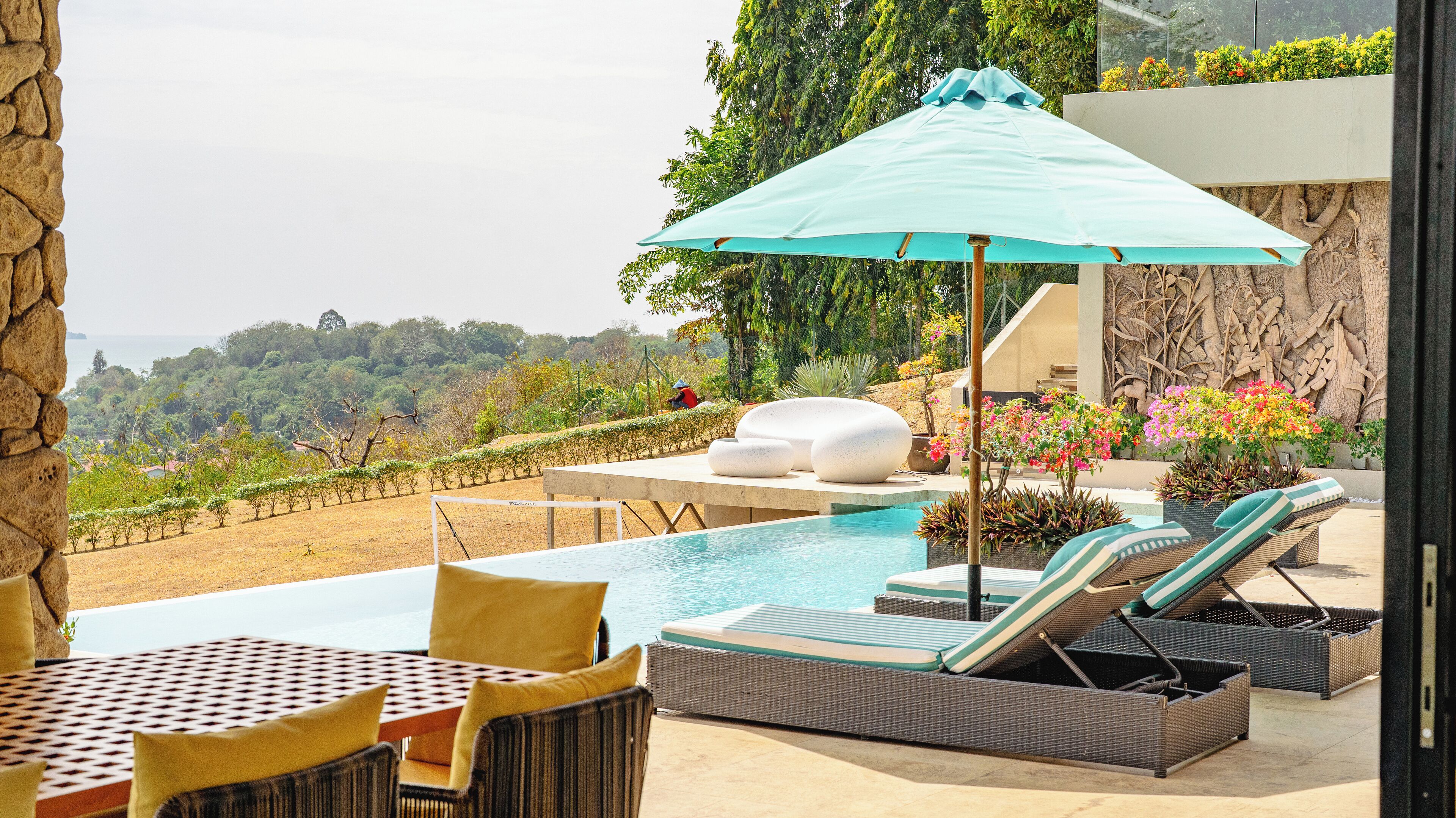 Outdoor pool, pool umbrellas, pool loungers