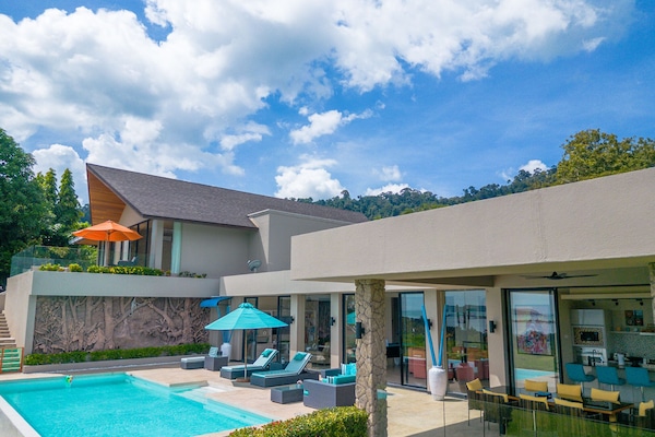 Outdoor pool, pool umbrellas, pool loungers
