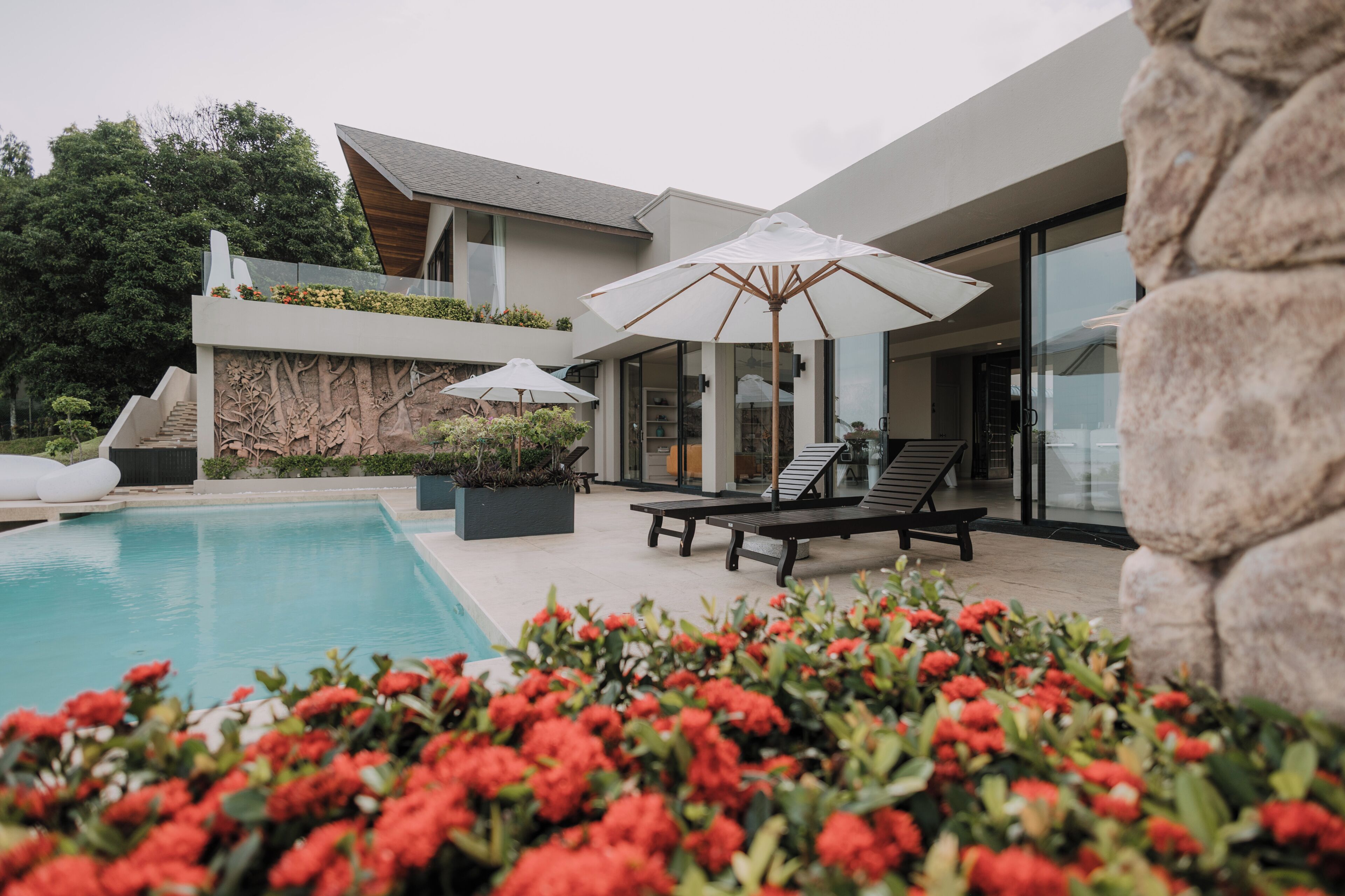 Outdoor pool, pool umbrellas, sun loungers