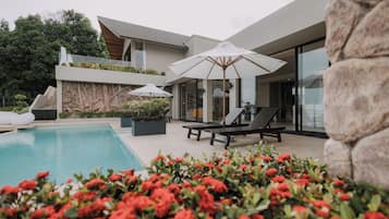 Kolam renang outdoor, dengan payung kolam renang dan kursi berjemur