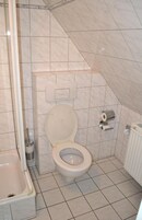 A small, modern bathroom with a toilet, a shower, and a radiator.
