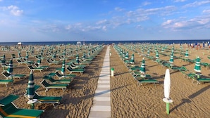 Une plage bordée de rangées de chaises longues vertes et de parasols, un sentier sablonneux et l’océan en arrière-plan.