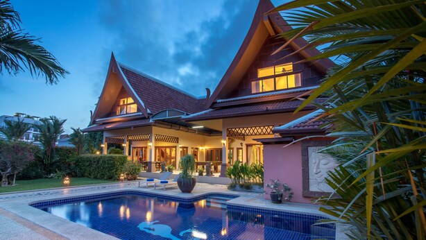 A modern hotel with a swimming pool, a covered outdoor area, and a traditional architectural design. - Blissful Villa Felicity with Ample Space (Rawai)