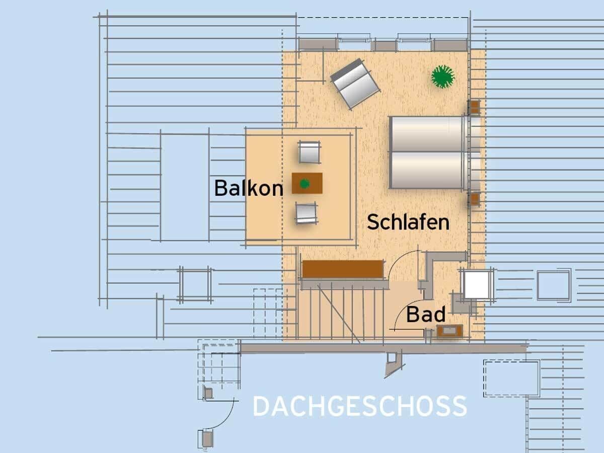 Grundriss eines Hotels mit Kennzeichnung verschiedener Bereiche: Balkon, Schlafbereich und Badezimmer.