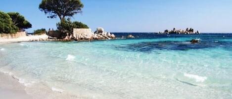 On the beach, sun loungers, beach towels