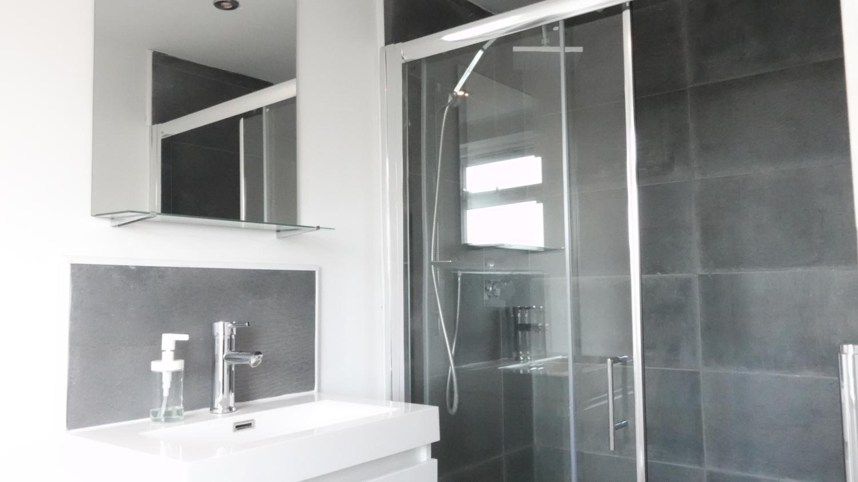 A modern bathroom with a glass shower enclosure, a white sink, and a mirror above the sink.