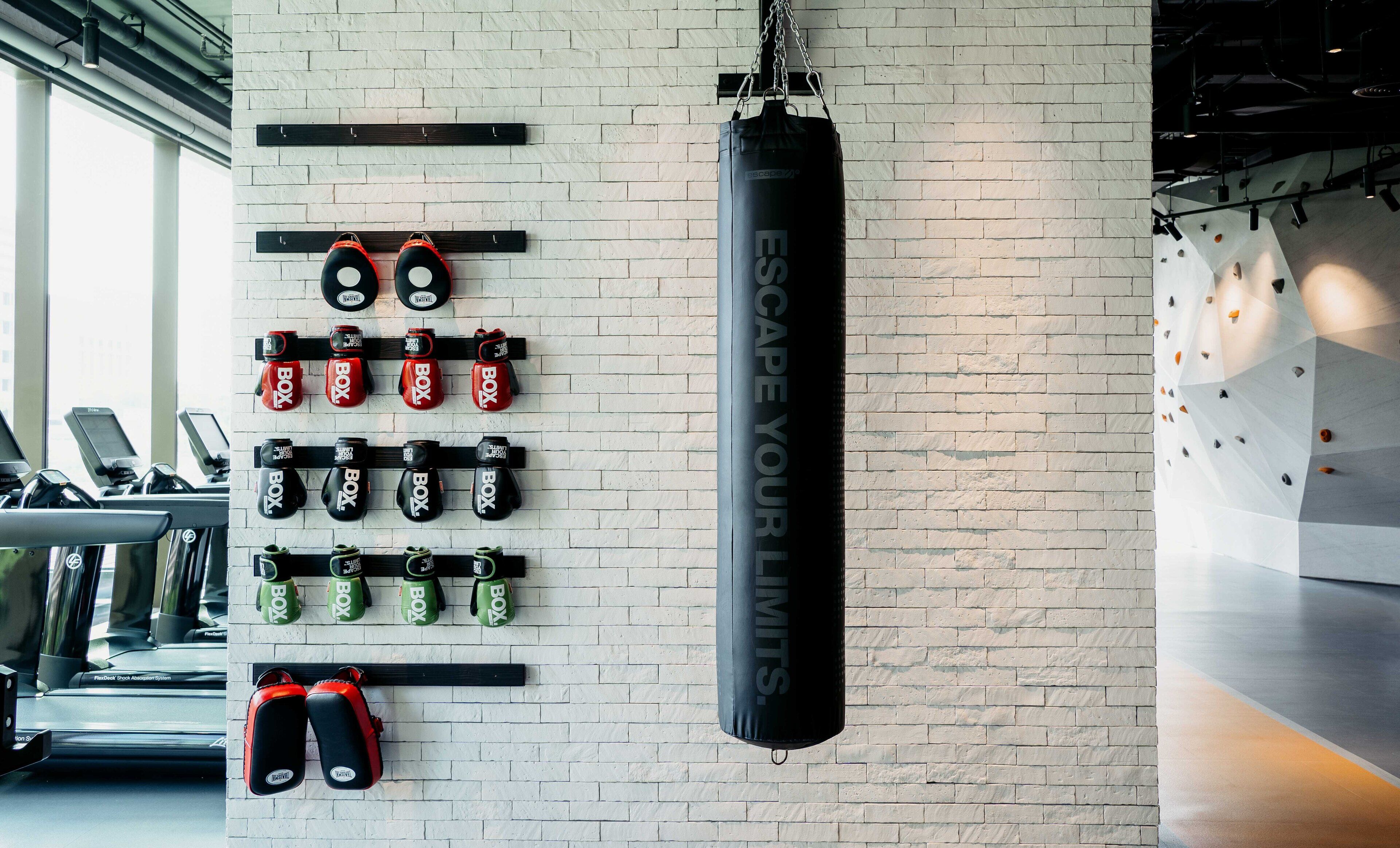 A gym with various exercise equipment, including punching bags and weightlifting stations.