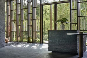 Ein modernes Interieur mit großen Fenstern, einer Steinwand und einem Empfangstisch mit Pflanze.