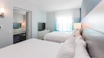 Desk, laptop workspace, blackout curtains, iron/ironing board