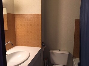 Ein Badezimmer mit einem weißen Waschbecken, einer Toilette und Fliesen mit Muster.