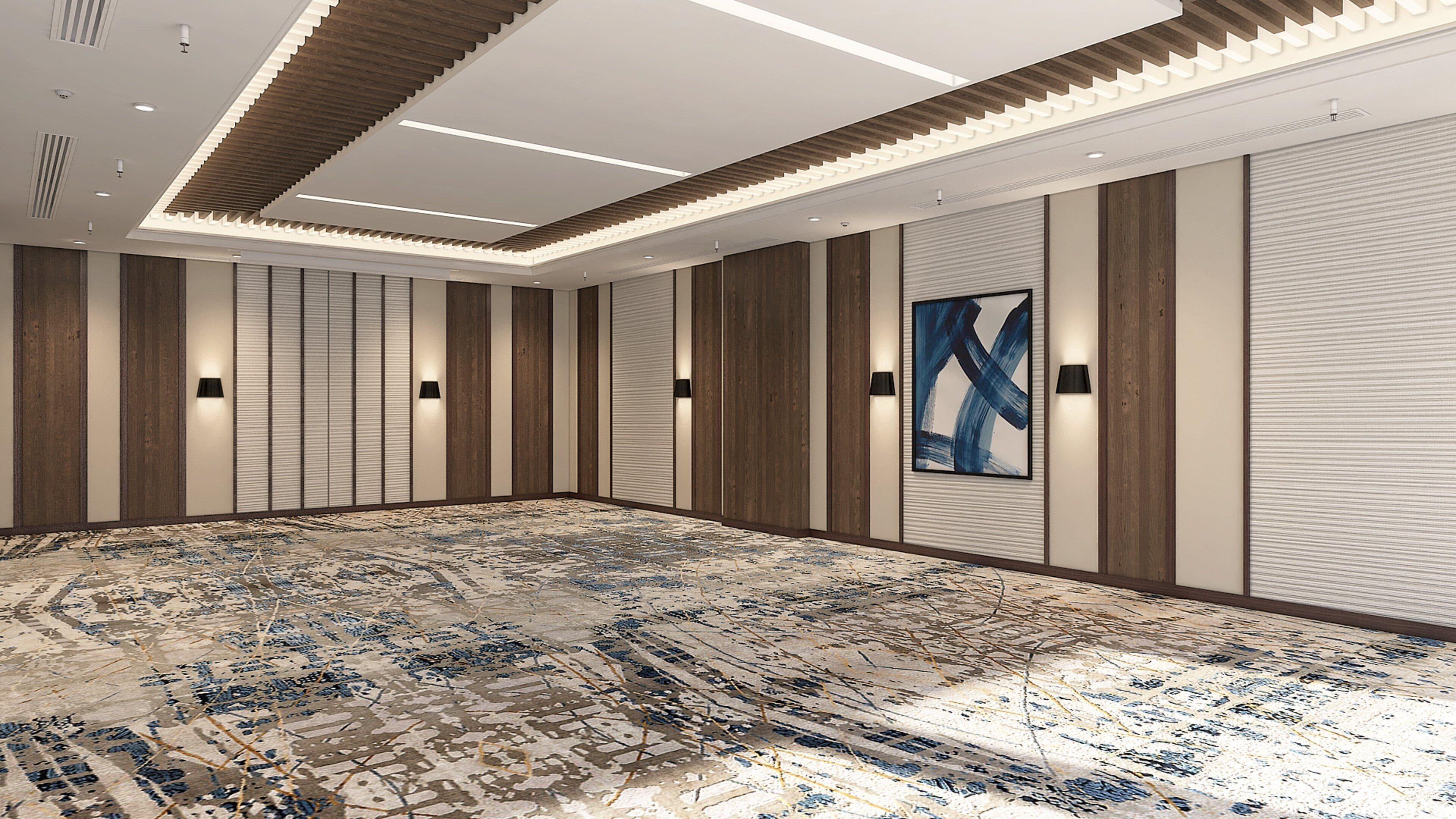 A spacious hotel room with a patterned carpet, wooden panel walls, recessed lighting, and a large abstract painting.