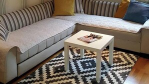 A living room with a sofa, a coffee table, and a patterned rug.