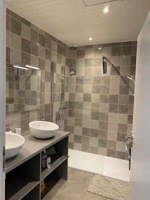Shower, hair dryer, towels