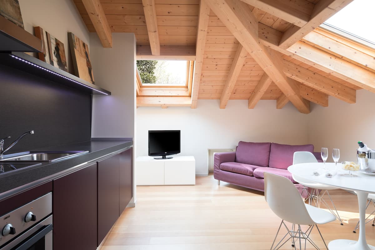 Full-sized fridge, oven, dishwasher, cookware/dishes/utensils