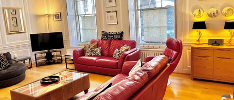 Télévision, cheminée, lecteur de DVD, livres