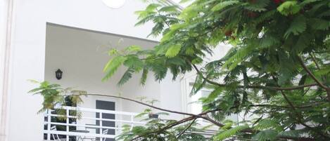 A white building with a balcony and a window.