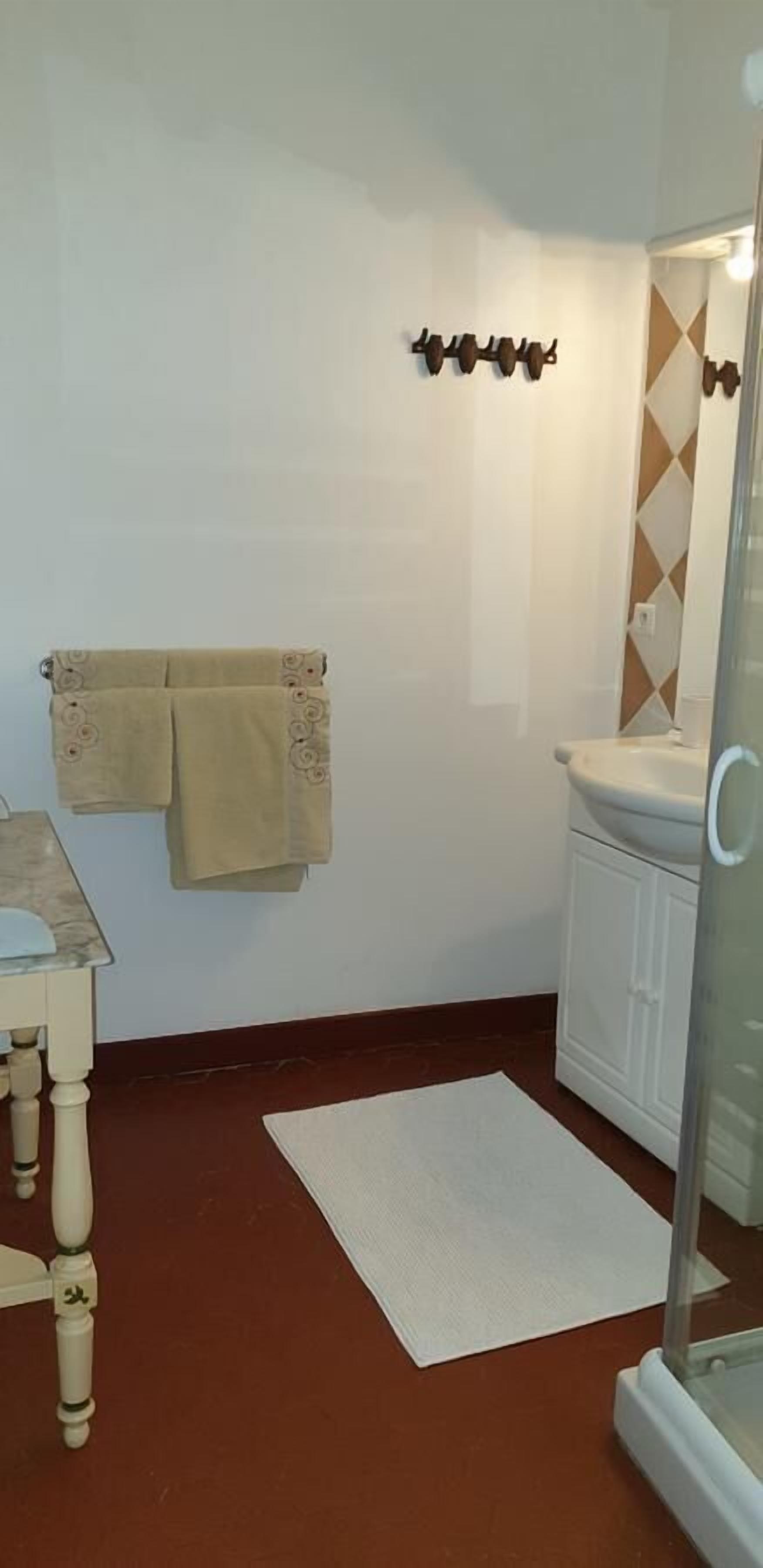 A bathroom with a white sink, a mirror, a towel rack, and a shower area.