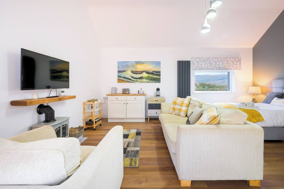 A modern living room with a flat-screen TV, a sofa, a dining area with a table and chairs, a kitchen with cabinets, and a window with a view.