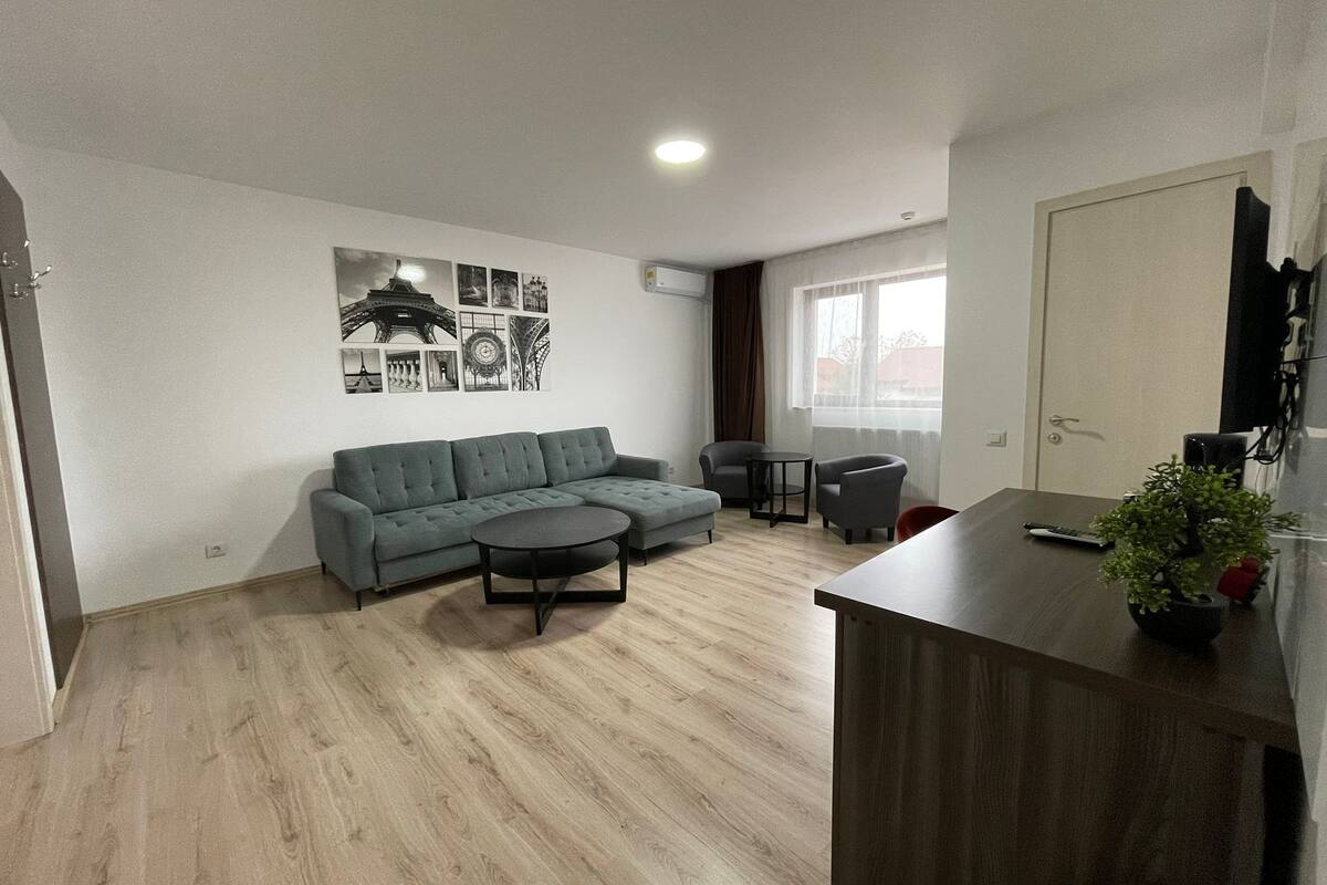 Un saló modern amb un sofà seccional gris, una taula de centre rodona i una taula auxiliar petita. Hi ha una obra d'art penjada a la paret que representa monuments de París.