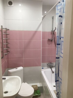 Combined shower/bathtub, hair dryer, slippers, towels