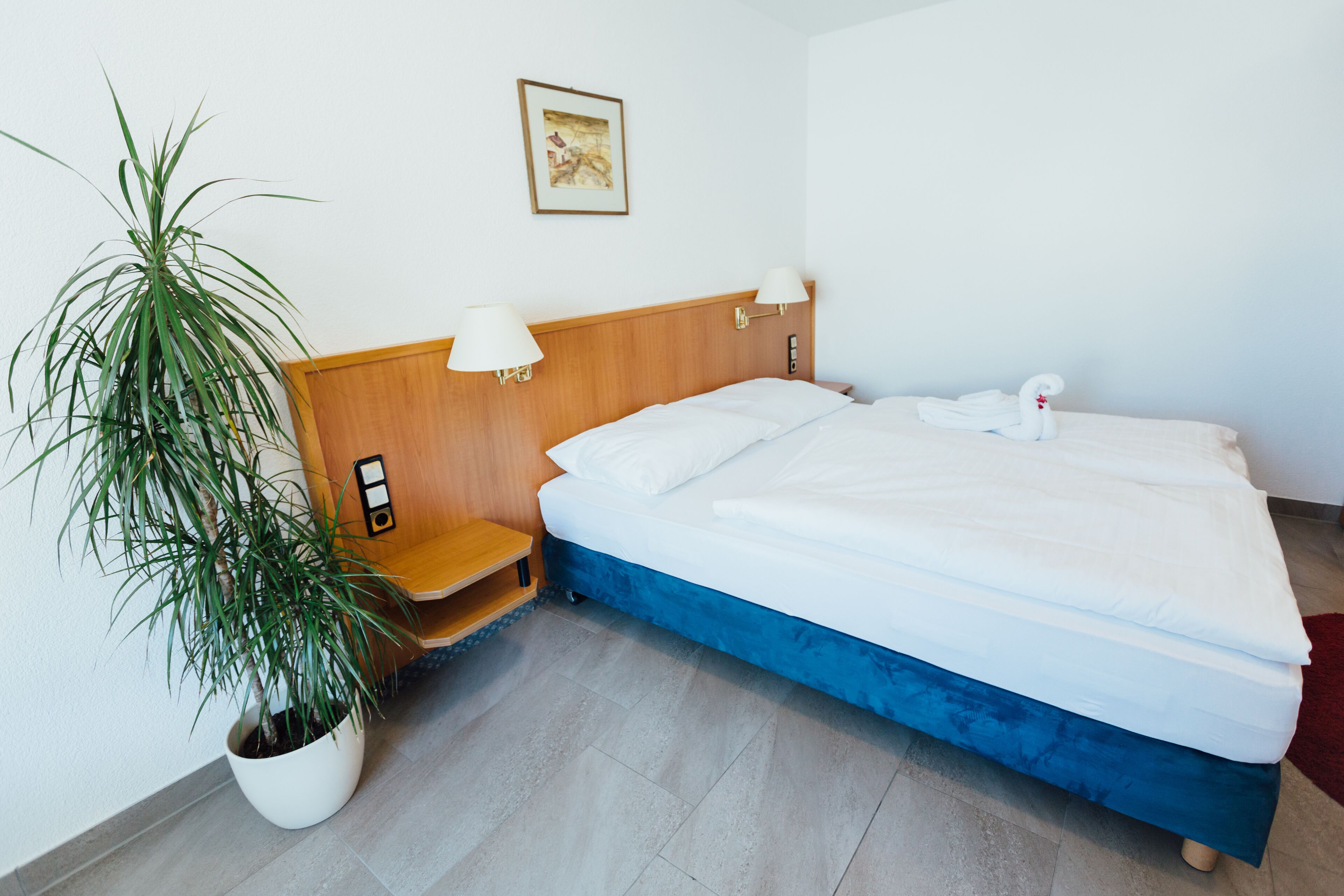 Quarto de hotel com cama, planta em vaso, mesa de cabeceira e luminária na parede.