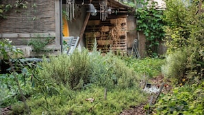 Eine rustikale Holzkonstruktion mit einem strohgedeckten Dach, umgeben von dichtem Grün und einem Garten mit verschiedenen Pflanzen und einer kleinen Holzbank.