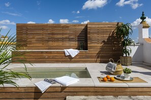 Seasonal outdoor pool, pool loungers