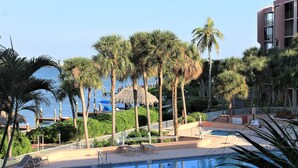 A pool area with lounge chairs, palm trees, and a building in the background. - Marco Island Riverside Condo - Comfort Meets Coastal Charm (Marco Island)