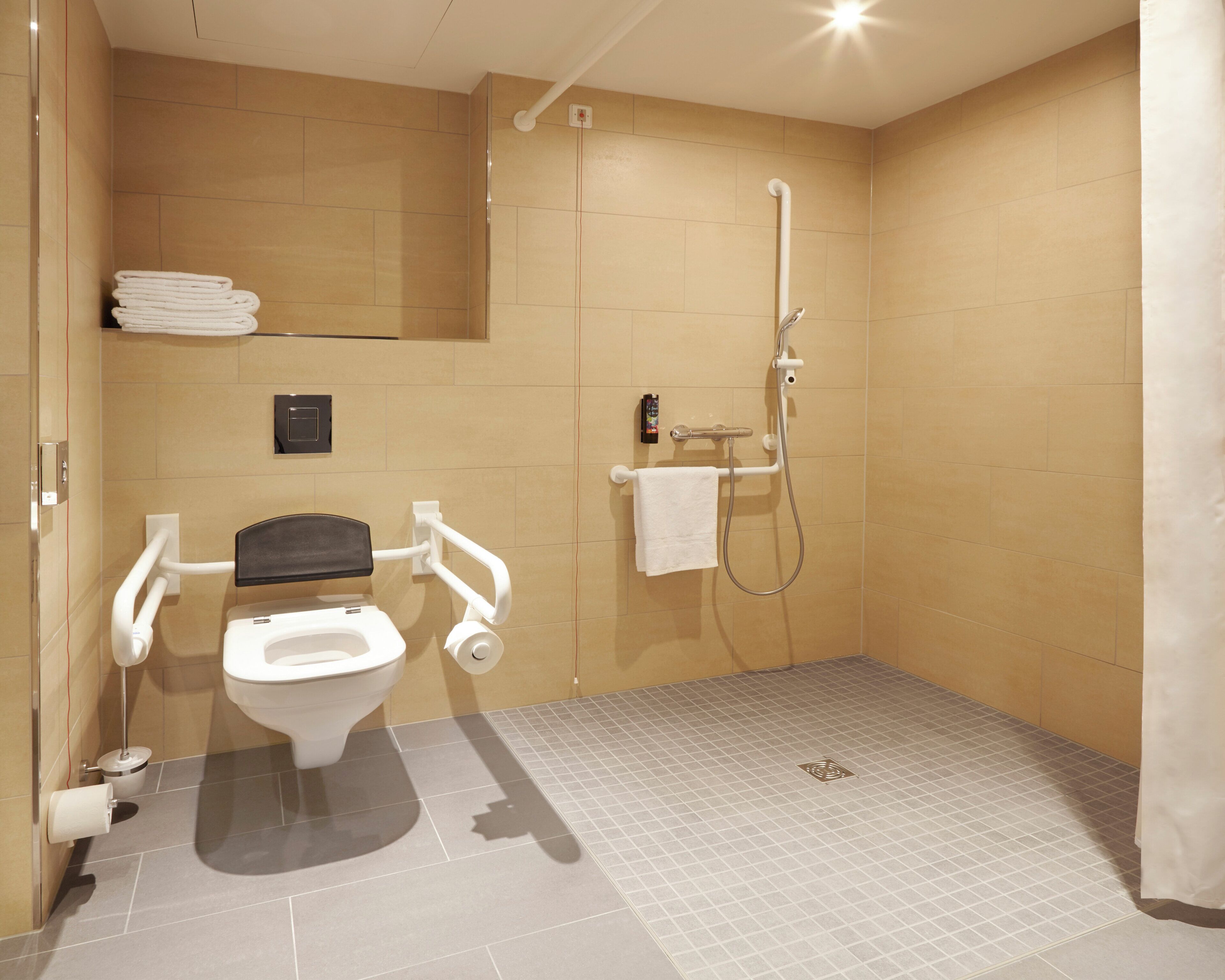 Une salle de bain moderne équipée de toilettes, de barres d’appui, d’une douche et d’un porte-serviettes.