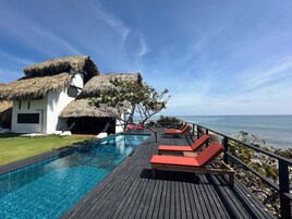 Outdoor pool, pool umbrellas, pool loungers