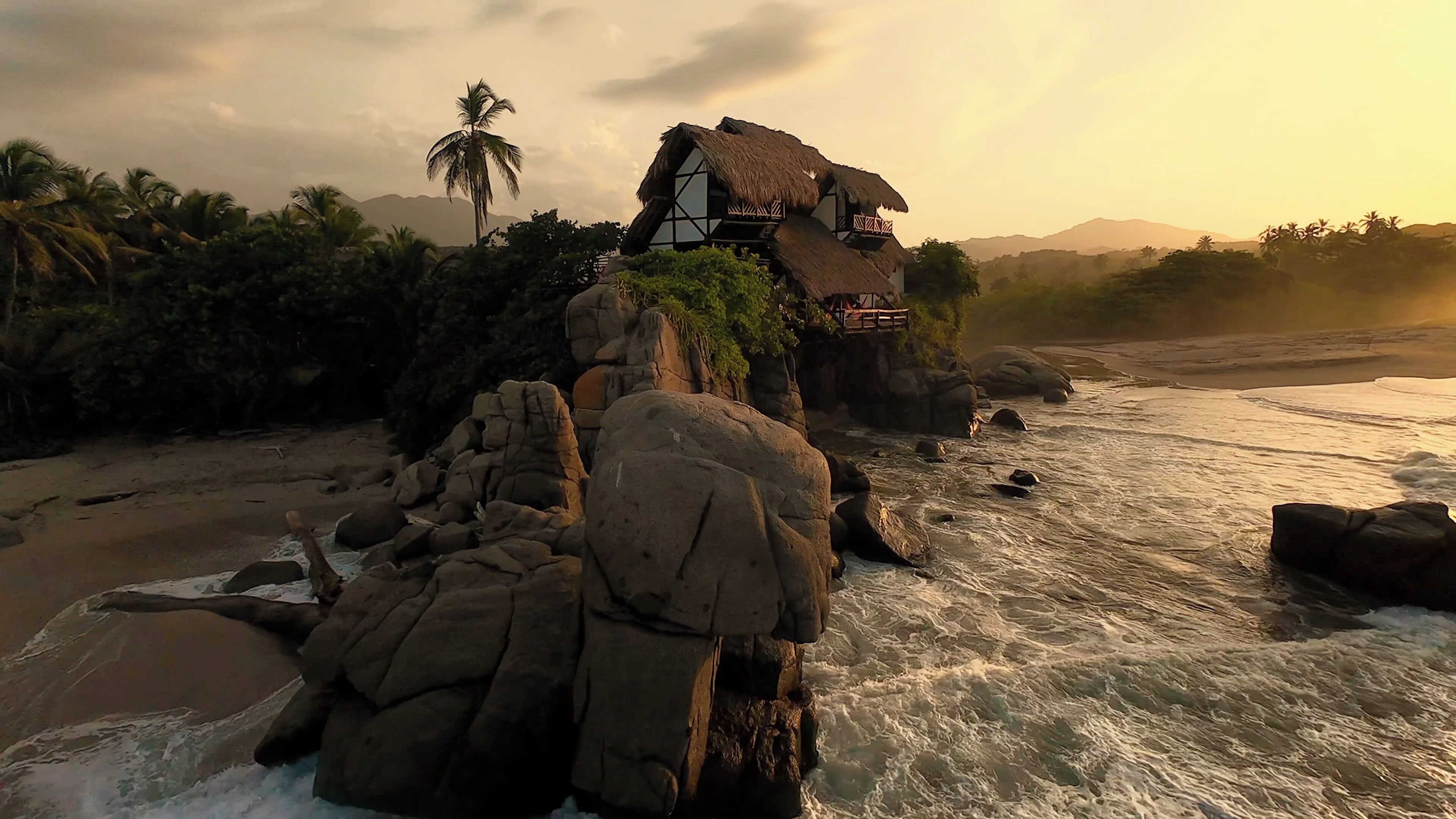 A beachfront property with a thatched-roof house, rocky shoreline, and palm trees.