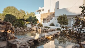 A modern building with a stone staircase, a small pond, and surrounding greenery. - Almiriki Naxos Beachside Living (Naxos)