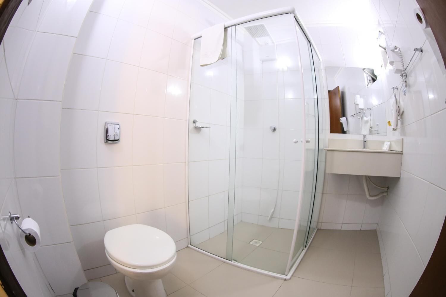 A modern bathroom with a glass-enclosed shower, a toilet, and a sink with a mirror.