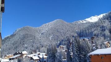 A snow-covered mountain with a ski resort in the foreground, featuring wooden buildings and snow-laden trees.