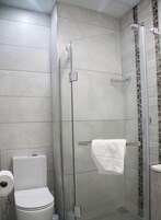 Un baño con ducha de mampara de vidrio, inodoro y lavabo.