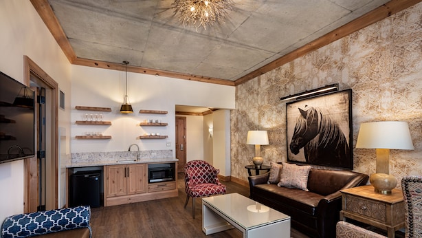 A compact living space with a kitchenette, a sofa set, a coffee table, and a mounted horse painting. - Brownwood Hotel & Spa (Wildwood)