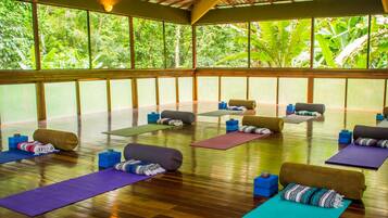 Un estudio de yoga con colchonetas y bloques dispuestos sobre un piso de madera, amplias ventanas con vista a zonas verdes.