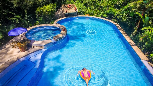 A swimming pool with a hot tub, surrounded by lush greenery. - The Goddess Garden (Cahuita)