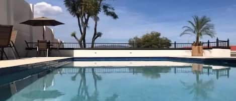 Outdoor pool, pool umbrellas