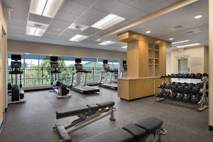 Un gimnasio con cintas de correr, máquinas de pesas y mancuernas.
