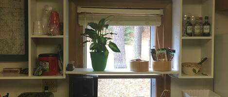 A kitchen with wooden cabinets, a window with a plant, and various kitchen items on shelves.