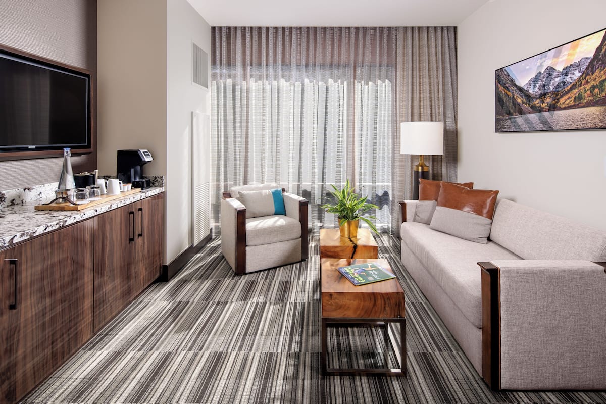 Une chambre d’hôtel équipée d’un téléviseur à écran plat, d’une machine à café, d’un canapé, d’un fauteuil, d’une table basse avec une plante et d’une grande fenêtre avec des rideaux.