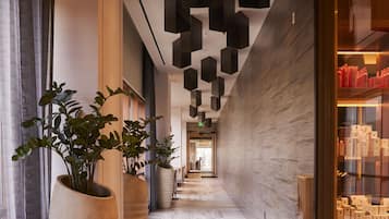 Un couloir moderne avec un plancher en bois, de grandes plantes en pot et des luminaires suspendus aux formes géométriques.