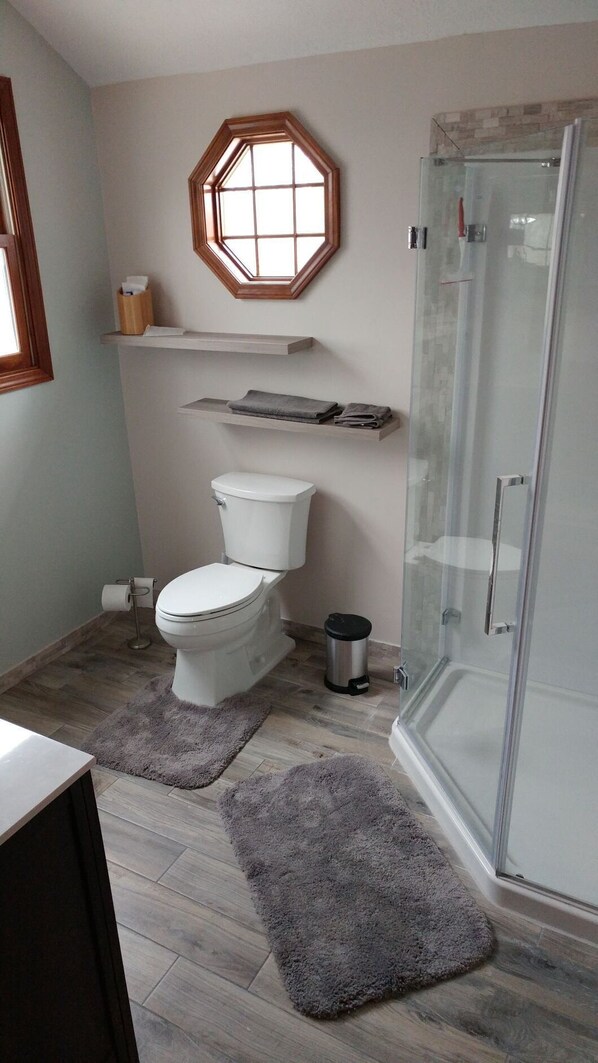 Un baño moderno con inodoro, ducha y ventana.